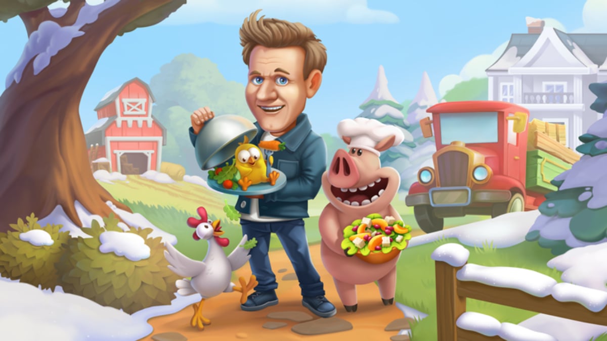 A cartoon version of Gordon Ramsay stands beside a pig in a chef's hat in Hay Day