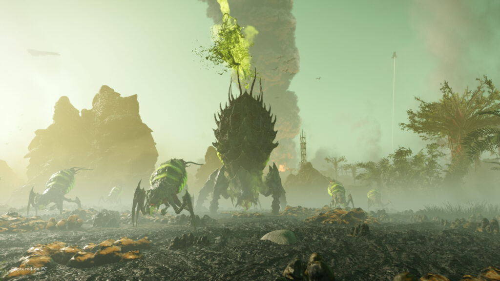 Giant bugs march toward the player in Helldivers 2