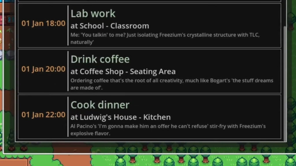 Movie quotes featured in an NPC's daily schedule thanks to Studio Atelico's dream injection feature