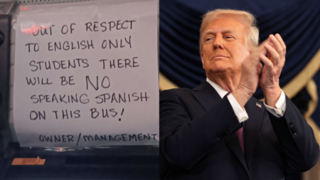 Sign banning students from speaking Spanish on a Juniata County School District bus and Donald Trump clapping