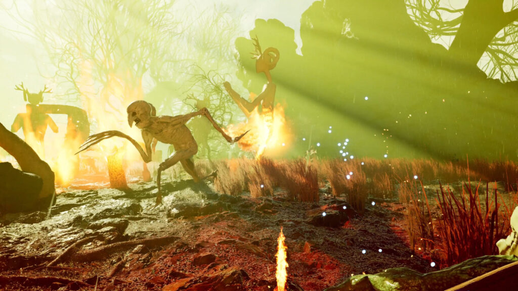 Strange creatures cavort around a fire in The Axis Unseen