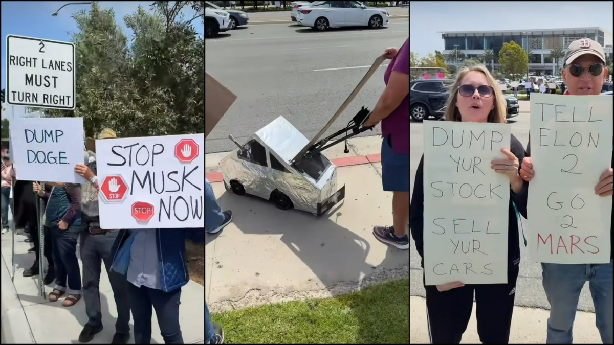Miniature Musk Prop Performs Salute at La Jolla Tesla Protest in San Diego: ‘Don’t Drive/Buy a Nazi Car!’