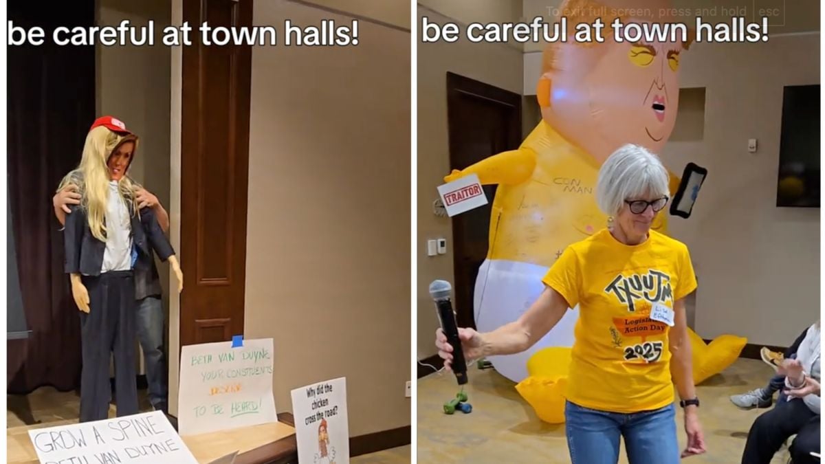 Boomers Protest Texas Town Hall With Blonde-haired Mannequin of Rep & Blow-up Baby Trump Doll: ‘Room Full of White Guilt’