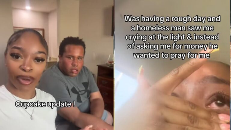 A picture of Georgia woman with a homeless man.