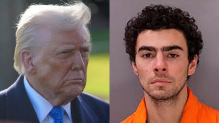 A photo collage of Donald Trump and Luigi Mangione