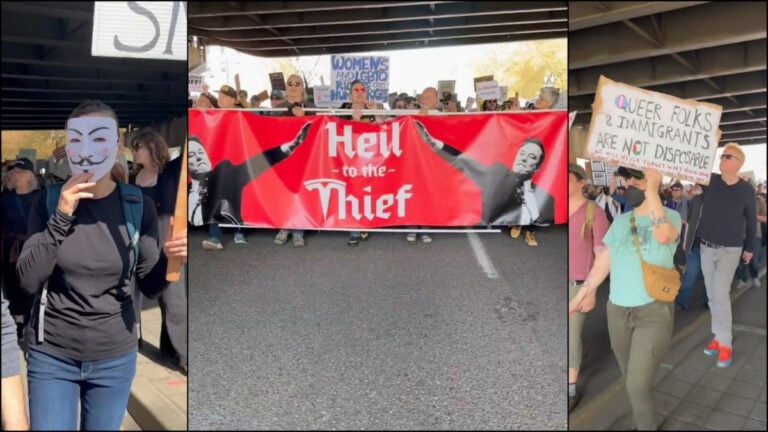 Oregon protestors at a Portland rally against Trump and Musk hold a large 'Heil to the Thief' banner featuring Musk doing a Nazi salute