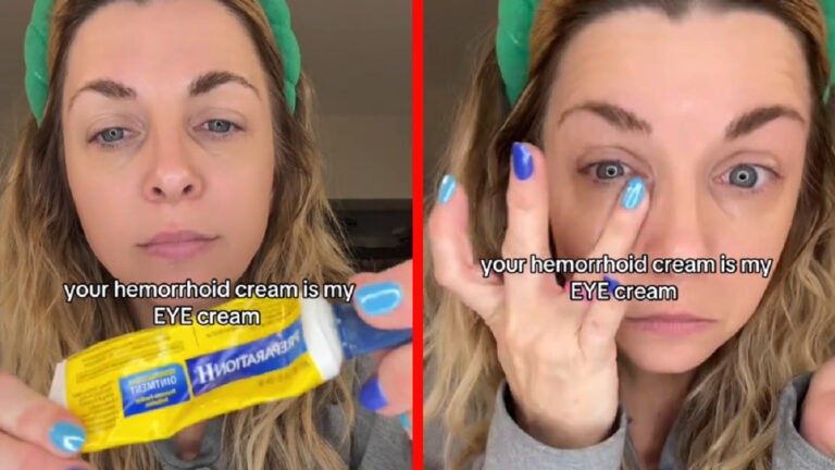 TikTok user nikkivalentine80 using hemorrhoid cream on her face as a beauty product