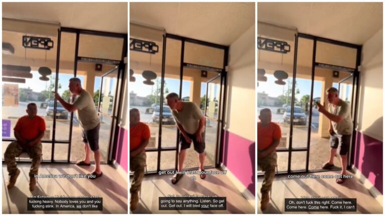 Crazy drunk racist White man harasses, threatens, and physically assaults hispanic woman