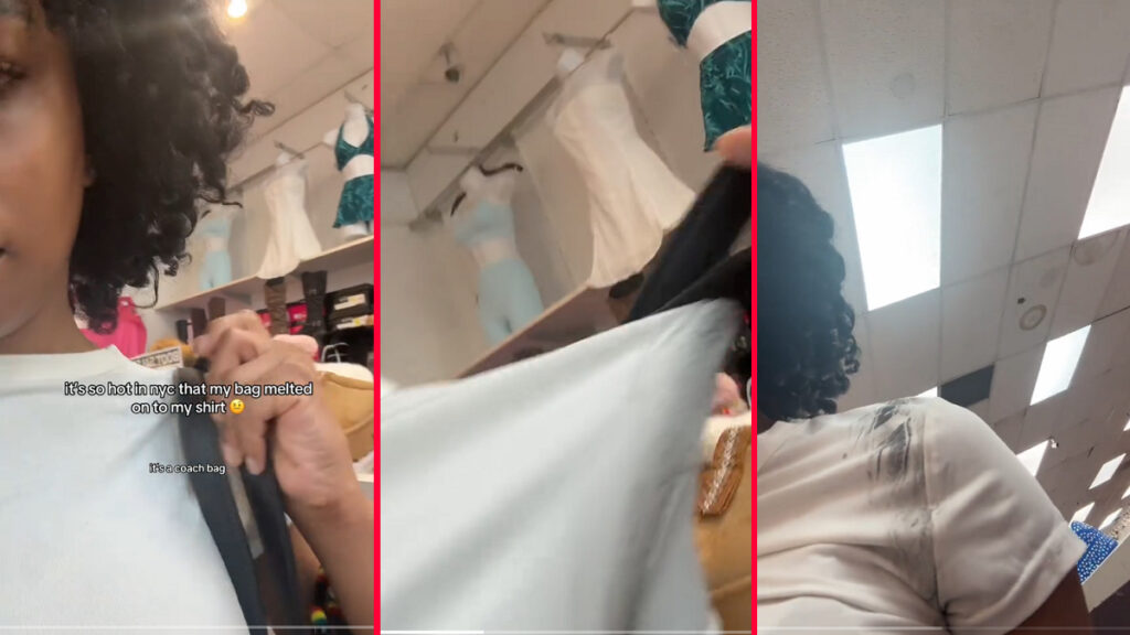 new york woman showing off her melting coach purse due to heatwave