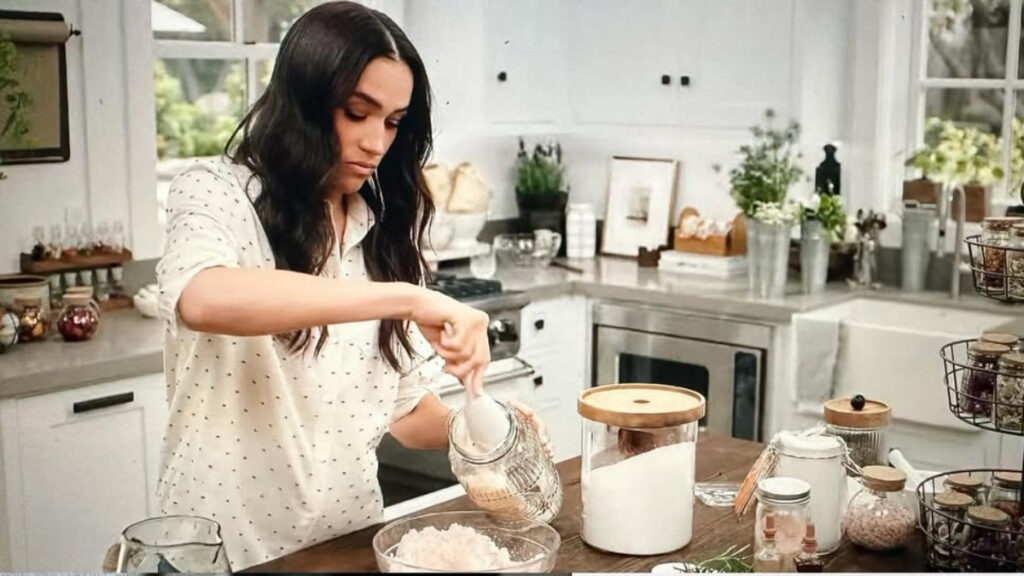 Meghan Markle prepares bath salt mix on scene from 'With Love, Meghan' Netflix show.