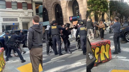 Three photos depicting ICE brutality in San Francisco, California.
