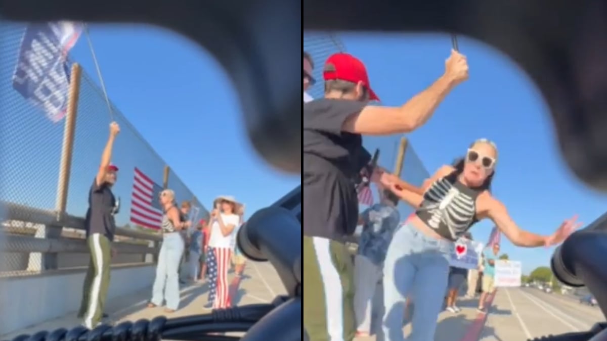 MAGA Flagbearer Shoves Woman Into Oncoming Traffic During Protest Standoff in San Diego: ‘Going to Jail to Prove Your Love for a Politician’