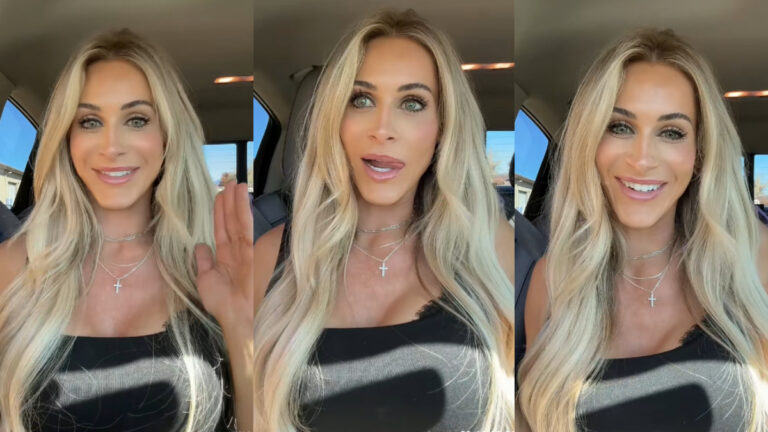 Three pictures of a blonde female TikTok influencer from Phoenix, Arizona. She's wearing a black tank top and smiling for the camera, as she tells a story about internet harassment.