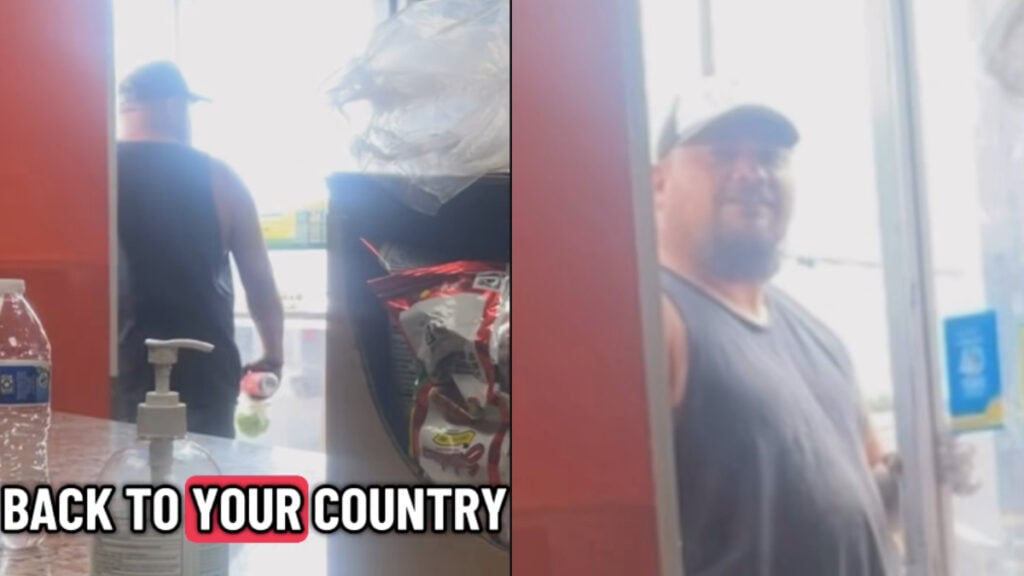 Two photos of a larger man inside a California business. He's wearing a dark colored shirt and a ballcap. Text on the left image indicates racism, stating the words BACK TO YOUR COUNTRY.