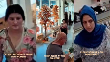 Three photos from the video surveillance cameras at The Squeeze in Orange, California. The images show two women caught in the act of theft.