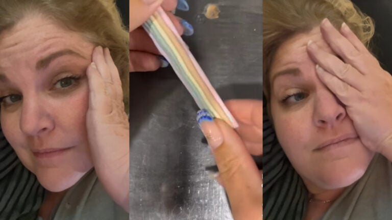 Three picture collage. The right and left images feature a Florida housecleaner with dark blonde hair. She appears to be bothered by something. The middle image is a photo of jewelry being made. The person making the jewelry has a fancy blue manicure.