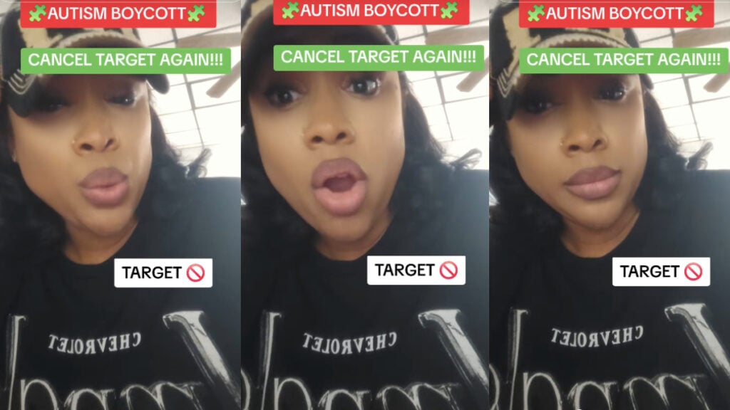 Three photos of a mother in Maryland wearing a basevall cap. The text on the images indicates she wants Target stores to be cancelled, in relation to an autism boycott.
