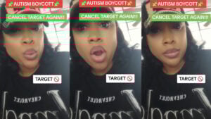 Three photos of a mother in Maryland wearing a basevall cap. The text on the images indicates she wants Target stores to be cancelled, in relation to an autism boycott.