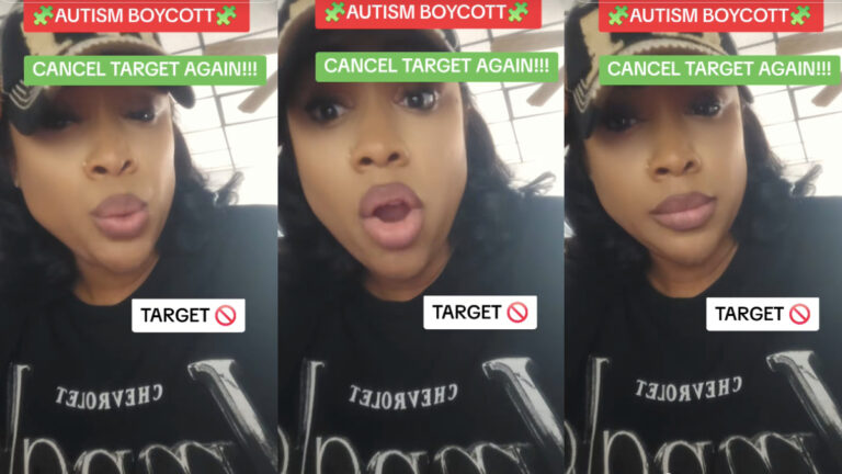Three photos of a mother in Maryland wearing a basevall cap. The text on the images indicates she wants Target stores to be cancelled, in relation to an autism boycott.