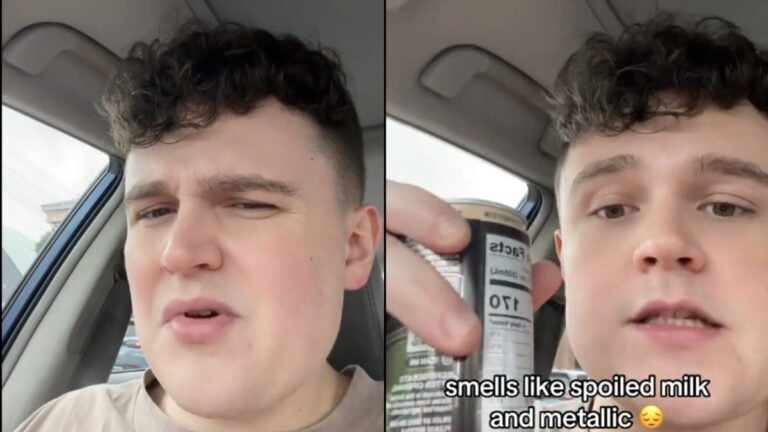 Two photos of a male sitting in his vehicle in Texas. He's wearing a tan t-shirt. The text on the right image indicates his beverage smells metallic and like spoiled milk.