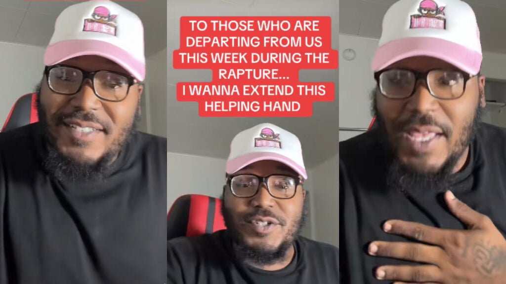 A three-picture collage of a Pennsylvania man in a white and pink hat. He's wearing a black hat and sitting in a gaming chair. Text on the middle image indicates he has a message for those who believe that the rapture will be taking place this week.