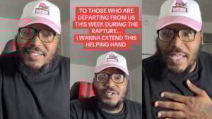 A three-picture collage of a Pennsylvania man in a white and pink hat. He's wearing a black hat and sitting in a gaming chair. Text on the middle image indicates he has a message for those who believe that the rapture will be taking place this week.