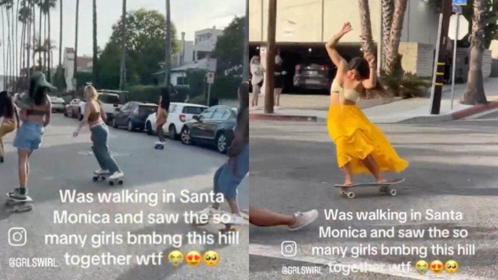 A group of women skating through Santa Monica