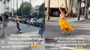 A group of women skating through Santa Monica
