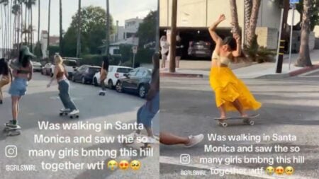 A group of women skating through Santa Monica
