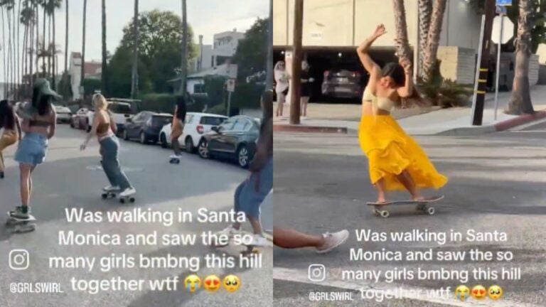A group of women skating through Santa Monica