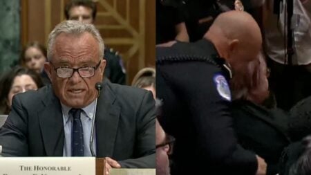 RFK Jr. in court (left) Woman yelling in court (right)