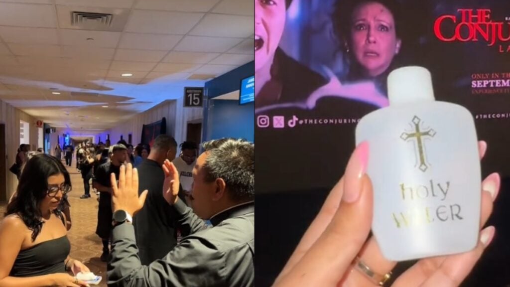 Texas priest blesses moviegoers.