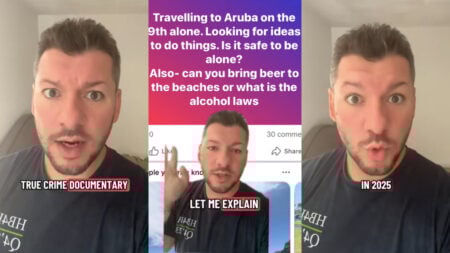 Three photos of a man wearing a black t-shirt in his Boston home. Text on the images indicates he's giving safety advice, after reading a post from a solo traveler that concerned him.