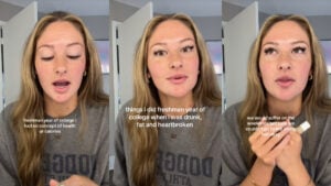 Three images depicting a blonde haired female influencer from Chicago, Illinois. SHe is wearing a gray tshirt. Text on the images indicates she's telling a story about the mistakes she made during her freshman year in college and how they contributed to her weight gain.