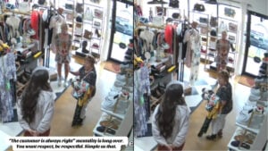 Two photos from the security camera of a consinment shop in Florida, where the owner had to remove a belligerent customer over a contract dispute.
