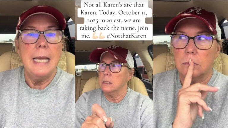 Three photos of an older woman named Karen wearing a gray sweatshirt and maroon ballcap, sitting inside her car in a Georgia parking lot. Text on the images calls for the #NotThatKaren movement in order to take back the name, as of October 11th 2025 at 10:20 EST.