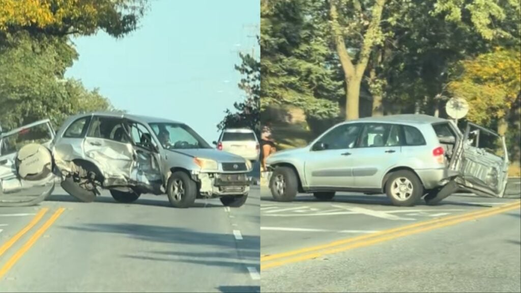 Illinois Driver Drops Jaws With the State of His Busted up Car: ‘Never Seen a Three Legged Car Before’ Illinois car crash leaves behind crazy looking car
