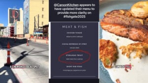 Three photos of a seafood restaurant in Las Vegas, Nevada. The left image shows the street where the restaurant is located, which looks to be under construction. The middle image names Carson Seafood and shows their amended menu listing for steelhead trout. The right image is a photo of the fish in question.