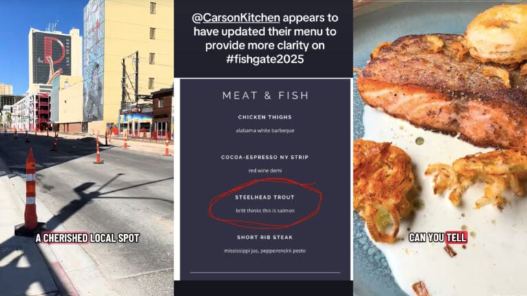Three photos of a seafood restaurant in Las Vegas, Nevada. The left image shows the street where the restaurant is located, which looks to be under construction. The middle image names Carson Seafood and shows their amended menu listing for steelhead trout. The right image is a photo of the fish in question.