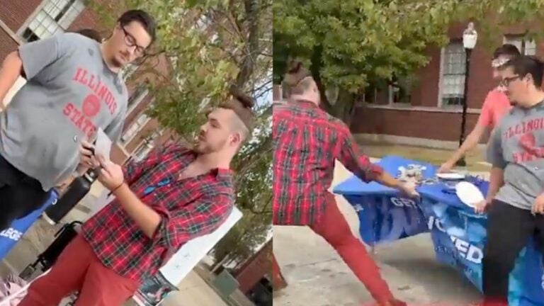 Illinois teacher's assistant destroying Turning Point USA table