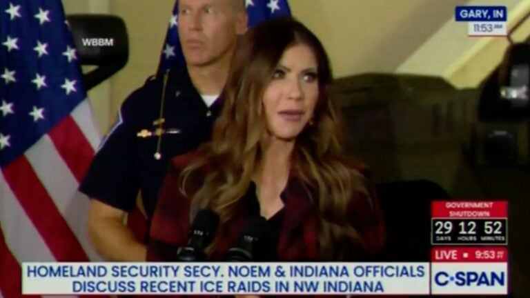 Kristi Noem Says No American Citizens Have Been Arrested or Detained but Many Disagree, “Los Angeles Would Like a Word” kristi noem giving a press conference in gary, indiana